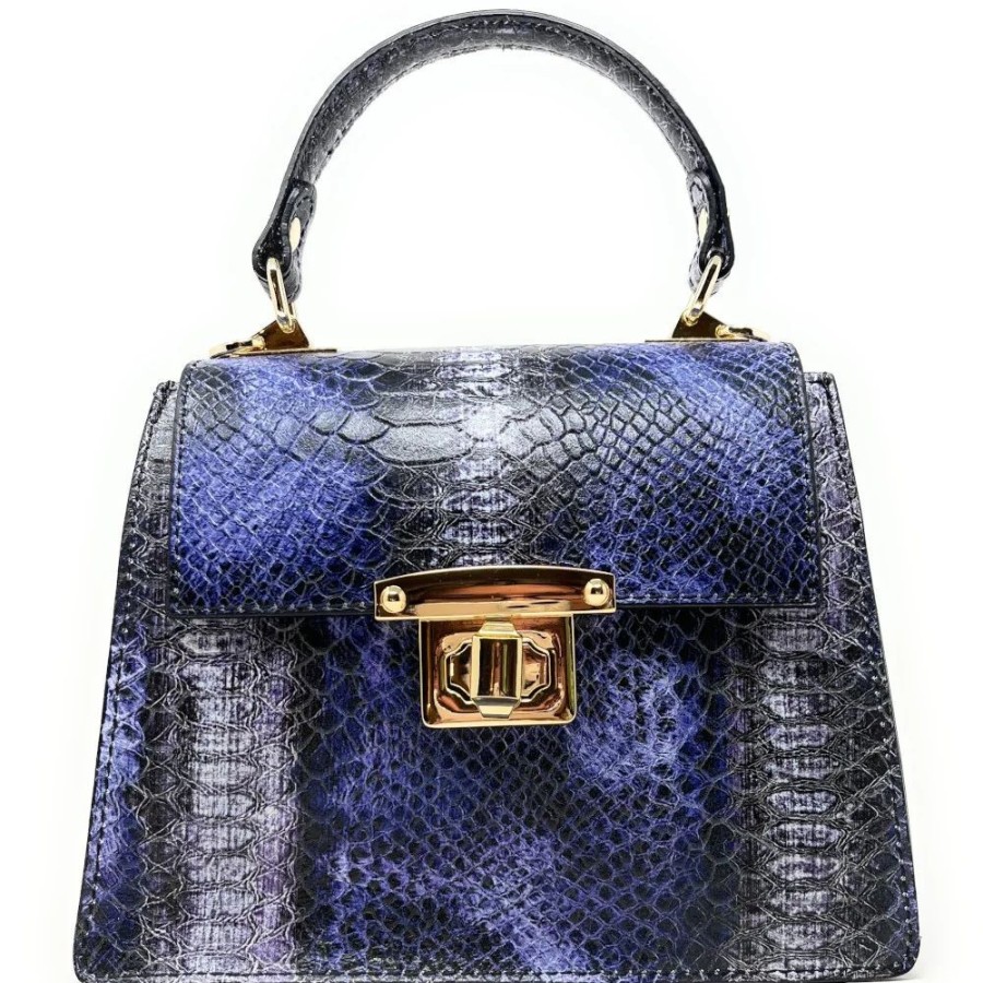 OH MY BAG Sac A Main En Cuir Facon Croco Jungle E.L Lezard Bleu Sacs Bandouliere