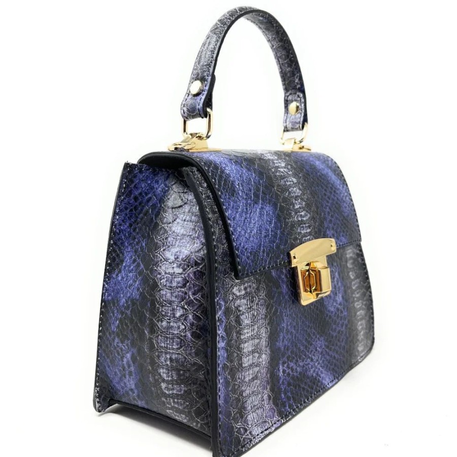 OH MY BAG Sac A Main En Cuir Facon Croco Jungle E.L Lezard Bleu Sacs Bandouliere